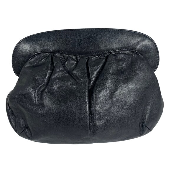 Vintage NINA RICCI Black Leather Ruched Clutch Handbag Gold-Tone Chain Strap - Picture 2 of 7